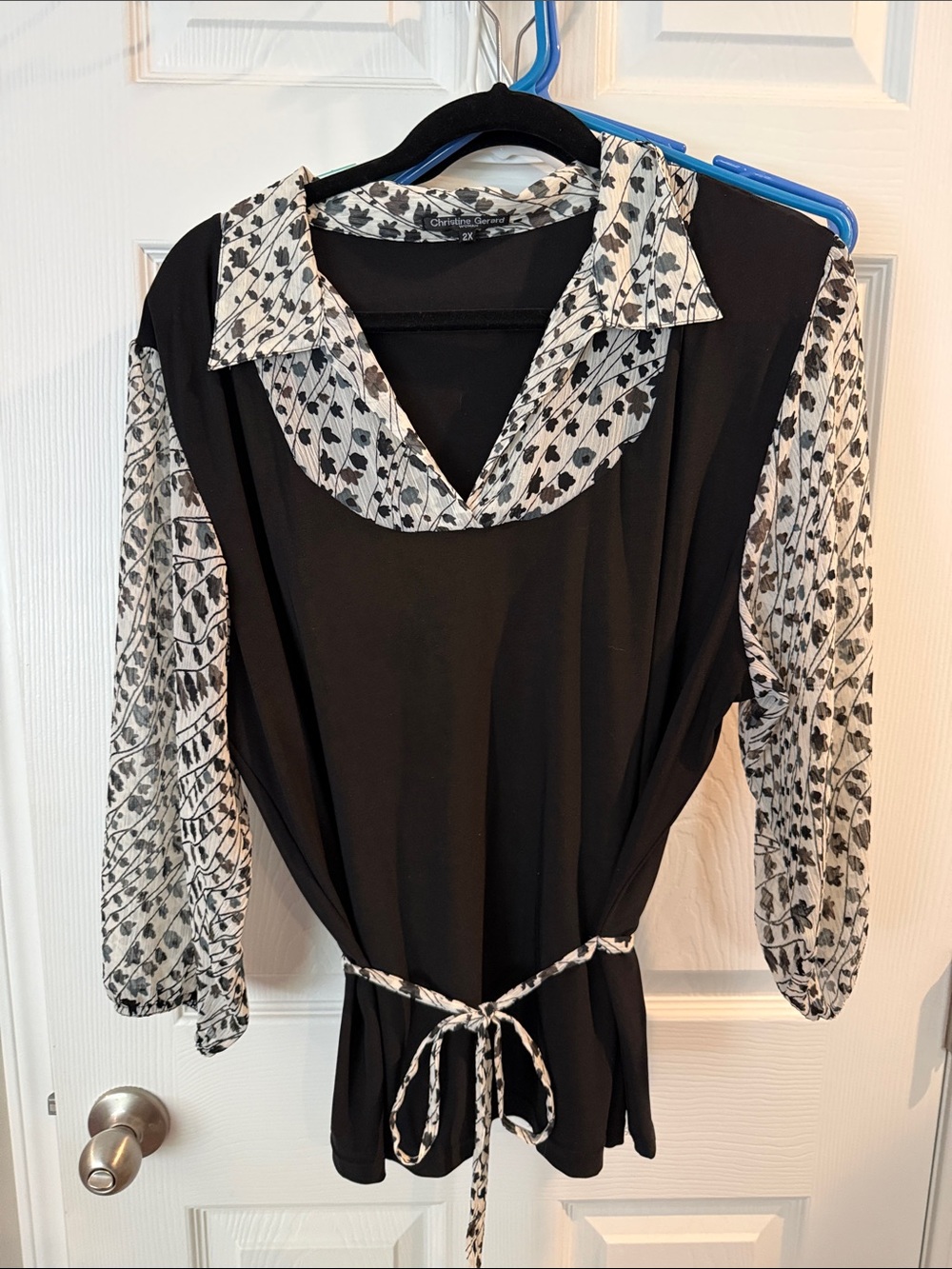 Women's Black Tie-Waist Blouse Dress with Printed Collar & Sleeves